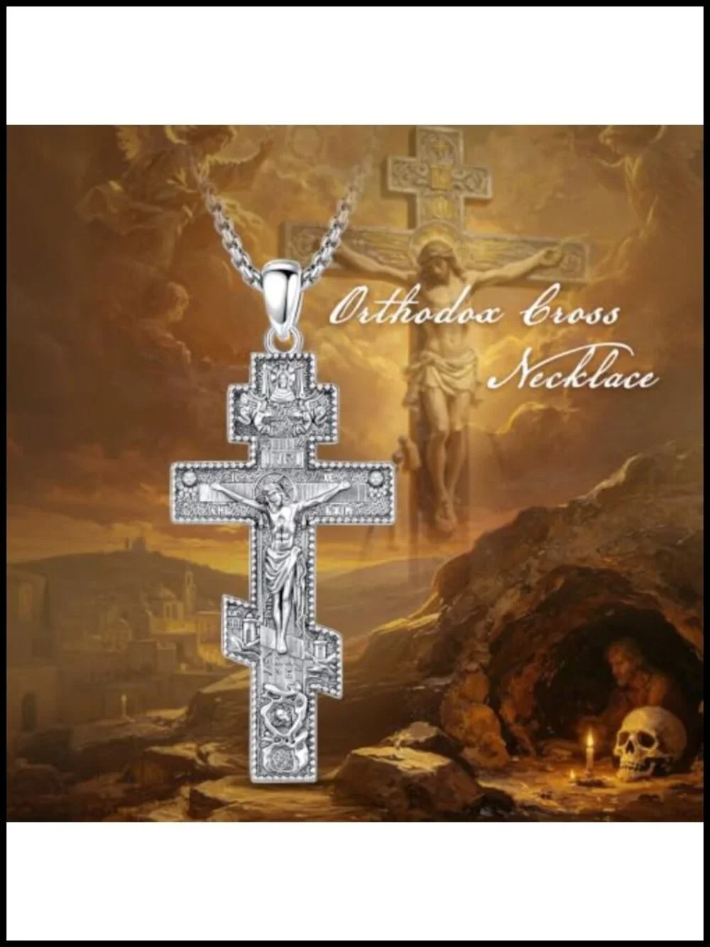 Silver Plated Copper Orthodox Crucifix Necklace for Men Women Antique Oxidized